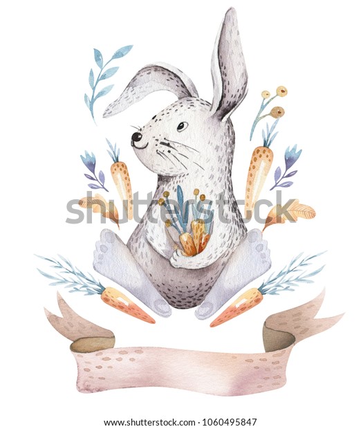 幼稚園用のかわいいボヘミア産のウサギの赤ちゃん漫画 子ども用の木の生育場の白い森のイラスト バニーの動物柄 水彩手描きのボケセット のイラスト素材