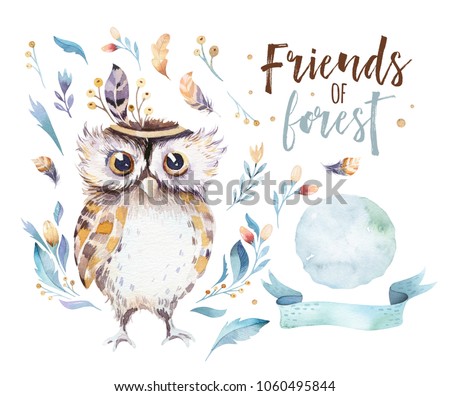 Cute bohemian baby owl animals for kindergarten, woodland nursery isolated decoration forest owls illustration for children forest animal pattern. Watercolor hand drawn boho set