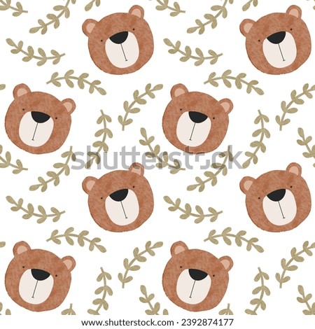 Cute boho whimsical seamless pattern with bear and leaves elements for kids clothes, nursery decor, decals, wallpaper, baby shower invitation