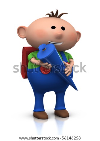 cute boy with candy filled cone in his hand and big smile on his face - german first day of school tradition - 3d rendering/illustration