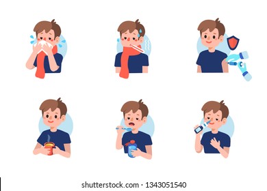 Cute Boy Flu Disease Treatment Flat Stock Illustration 1343051540 ...