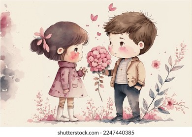 Cute boy and girl in love on romantic Valentine's day hand drawn cartoon style 3D illustration . - Powered by Shutterstock