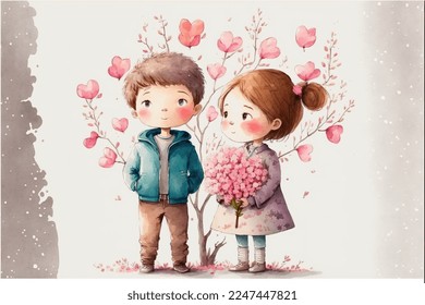 Cute boy and girl in love on romantic Valentine's day hand drawn cartoon style 3D illustration . - Powered by Shutterstock