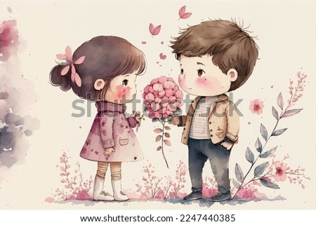 Cute boy and girl in love on romantic Valentine's day hand drawn cartoon style 3D illustration .
