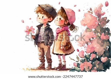 Cute boy and girl in love on romantic Valentine's day hand drawn cartoon style 3D illustration .