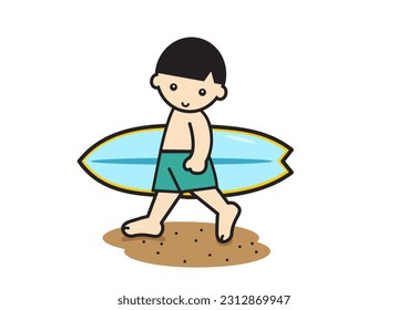 a cute boy has a sufboard