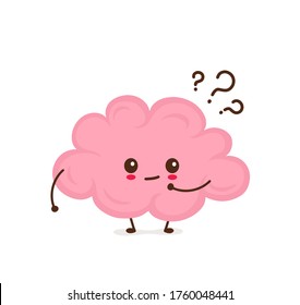 Cute Brain With Question Mark Character. Flat Cartoon Character Illustration Icon Design. Isolated On White Background. Brain Thinking Concept