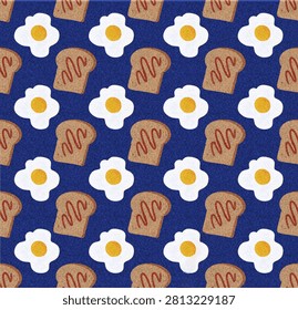 Cute Breakfast Seamless Pattern with Toast Bread and Fried Eggs on Blue Background