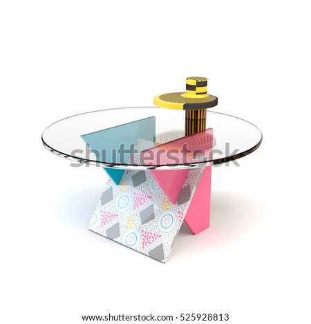 Cute bright colorful table in the style of Memphis with shadow on white background. Memphis table with glass tabletop. 3D illustration
