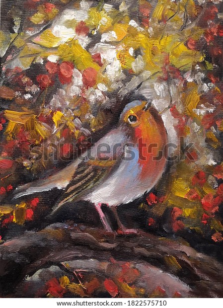 Cute red robin, a British birds design wallpaper. oil painting on canvas. Autumn background.