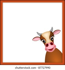 Cute Brown Cow In Empty Frame With Red Border - Illustration