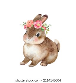 Cute brown rabbit and wreath flowers his head  hand  colored watercolor illustration 