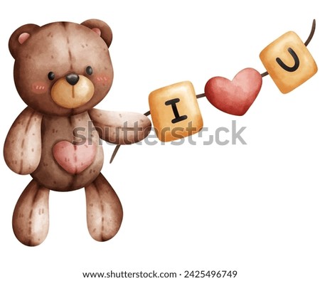 Cute brown teddy bear with heart and word I love you in watercolor style