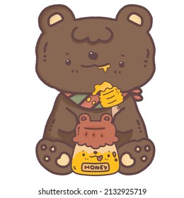 cute brown teddy bear wear scarf illustration enjoy eating honey in bottle 