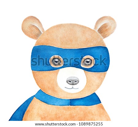 Cute brown teddy bear wearing blue superhero mask. Happy, smiling and soft. Hand painted water color drawing on white background, isolated. Children room poster, colorful art, printable decoration.
