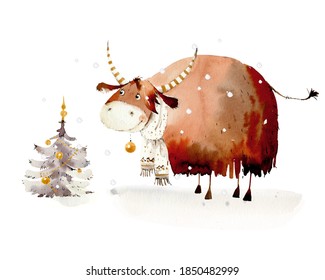 Cute Bull with Christmas tree, Merry Christmas, Happy New Year, Bull Year 2021, hand made original watercolor illustration 