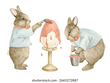 Cute bunnies paint an Easter egg with pink paint. Hand drawn watercolor illustration isolated on white background for cards, invitations, decoration, wall decor, congratulations, packaging, postcards