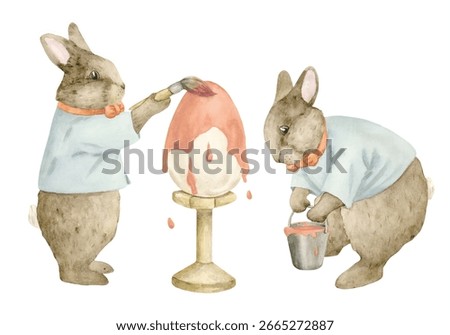Cute bunnies paint an Easter egg with pink paint. Hand drawn watercolor illustration isolated on white background for cards, invitations, decoration, wall decor, congratulations, packaging, postcards