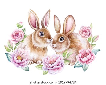 Cute bunnies  rabbit  Easter   in floral frame  ring isolated white background  Peonies  roses  Easter set  postcard  Peonies  roses  Greeting card design 