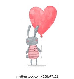Cute Bunny with a balloon. Postcard Valentine's Day