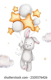 Cute bunny with balloons; watercolor hand drawn illustration; with white isolated background