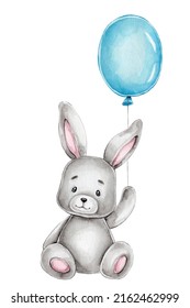 Cute bunny and blue balloon; watercolor hand drawn illustration; with white isolated background