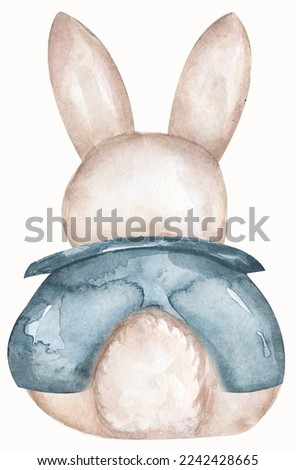 Cute bunny with blue jacket sitting , watercolor painting for baby child postcard, view from back. Cartoon rabbit with funny tale, sweet dreams, easter card