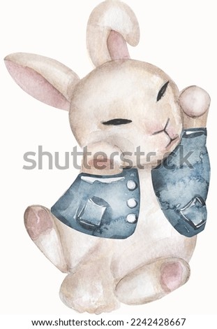 Cute bunny with blue jacket sleeping, watercolor painting for baby child postcard. Cartoon rabbit with funny tale, sweet dreams, easter card