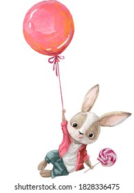cute bunny character fly with balloon and bonbon