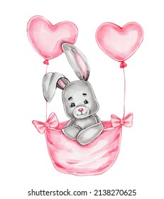 Cute bunny flies on balloons hearts; watercolor hand drawn illustration; with white isolated background
