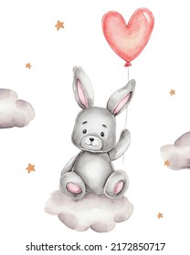 Cute bunny with heart balloon sits on cloud; watercolor hand drawn ilustration; with white isolated background