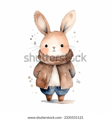Cute bunny in jacket  isolated watercolor illustration on the white background holiday winter print for postcard