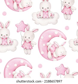 Cute bunny pattern.Sleeping rabbit.Good night print.Sweet dream.Kids print.Baby background - Powered by Shutterstock