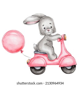Cute bunny in pink bike and balloon; watercolor hand drawn illustration; with white isolated background