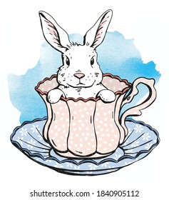 Cute Bunny Teacup Watercolor Drawing