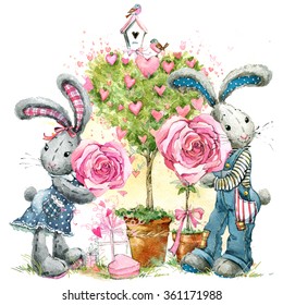 Cute Bunny Watercolor Illustration. Love Card. Valentine Day. Grey Cartoon Rabbit