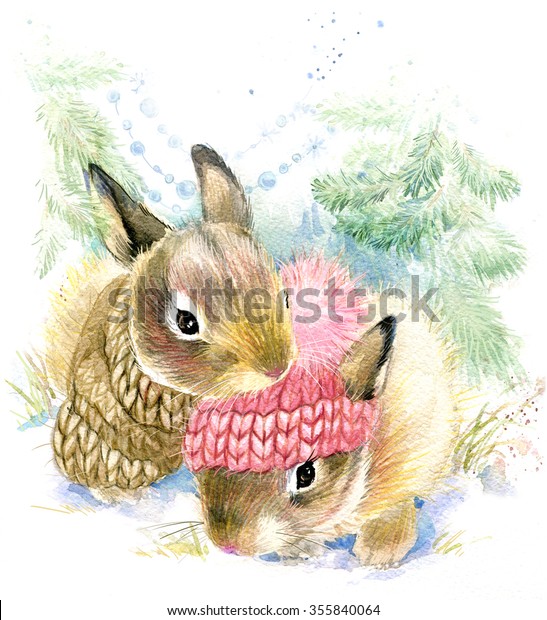 冬の森のかわいいバニー 水彩画 クリスマスイラスト 森の動物 野性 ファッションデザイン のイラスト素材