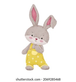 Cute Bunny In Yellow Overalls. Digital Illustration