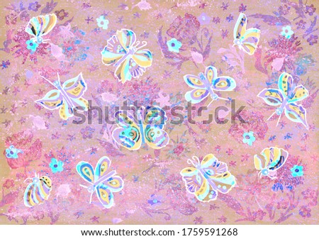 Cute butterflies flying on a summer meadow with flowers,  hand drawn illustration.