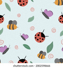 Cute Butterfly, Ladybug, Bee Seamless Pattern. For Fashion Fabrics, Kid’s Clothes, Home Decor, Quilting, T-shirts, Cards And Templates, Scrapbooking Etc