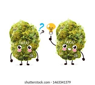 Cute cannabis weed bud with question marks and light bulb.  Cartoon character illustration design with hand drawing graphic elements. Isolated on white background. Marijuana,cannabis think concept