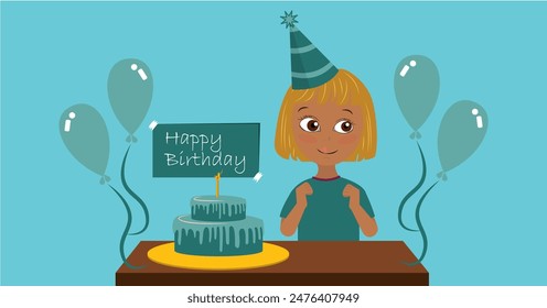 Cute card of girl celebrating her birthday. Blue color. - Powered by Shutterstock