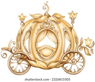 Cute carriage of Princess Cinderella in pumpkin shape. Hand drawn watercolor illustration vintage golden royal transport.