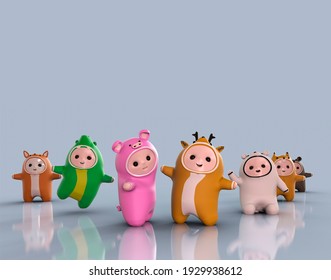 Cute Cartoon 3d Little Men In Animal Costumes Crocodile, Squirrel, Deer, Bear, Fox Stand And Jump