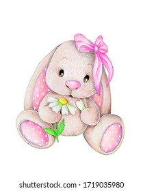 Cute Cartoon Adorable Pink Bunny Girl With Daisy, Sitting. Hand Drawn Watercolor Illustration For Kids.