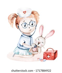 Cute Cartoon Animal Doctor, Pills, Ambulance, Mask, Bacteria, Viruses, Coronavirus. Watercolor Hand Drawn Boy And Girl Doctor Set.