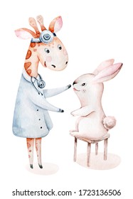 Cute Cartoon Animal Doctor, Pills, Ambulance, Mask, Bacteria, Viruses, Coronavirus. Watercolor Hand Drawn Boy And Girl Doctor Set.