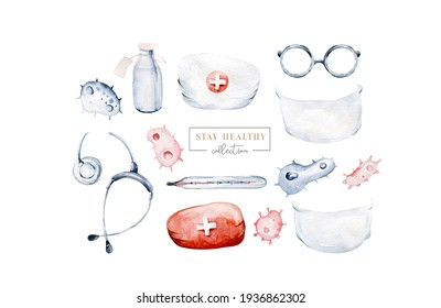 Cute Cartoon Animal Doctor, Pills, Ambulance, Mask, Bacteria, Viruses, Coronavirus. Watercolor Hand Drawn Boy And Girl Doctor Set.