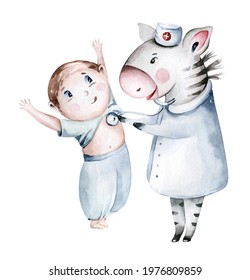 Cute Cartoon Animal Doctor, Pills, Ambulance, Mask, Bacteria, Viruses, Coronavirus. Watercolour Hand Drew Boy Doctor Set.