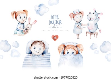 Cute Cartoon Animal Doctor, Pills, Ambulance, Mask, Bacteria, Viruses,  Watercolor Hand Drawn Boy And Girl Doctor Set.